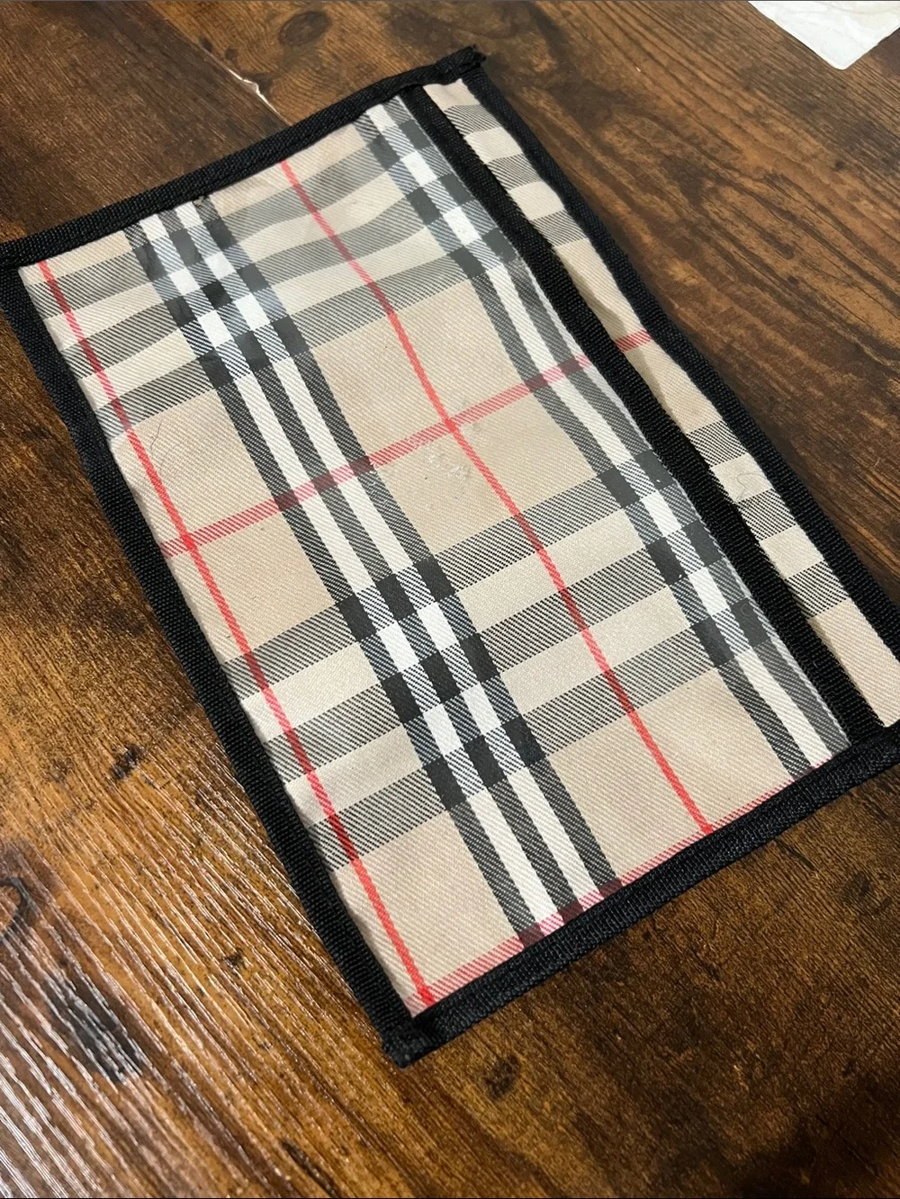Beige Plaid Trifold Wallet with Black Trim